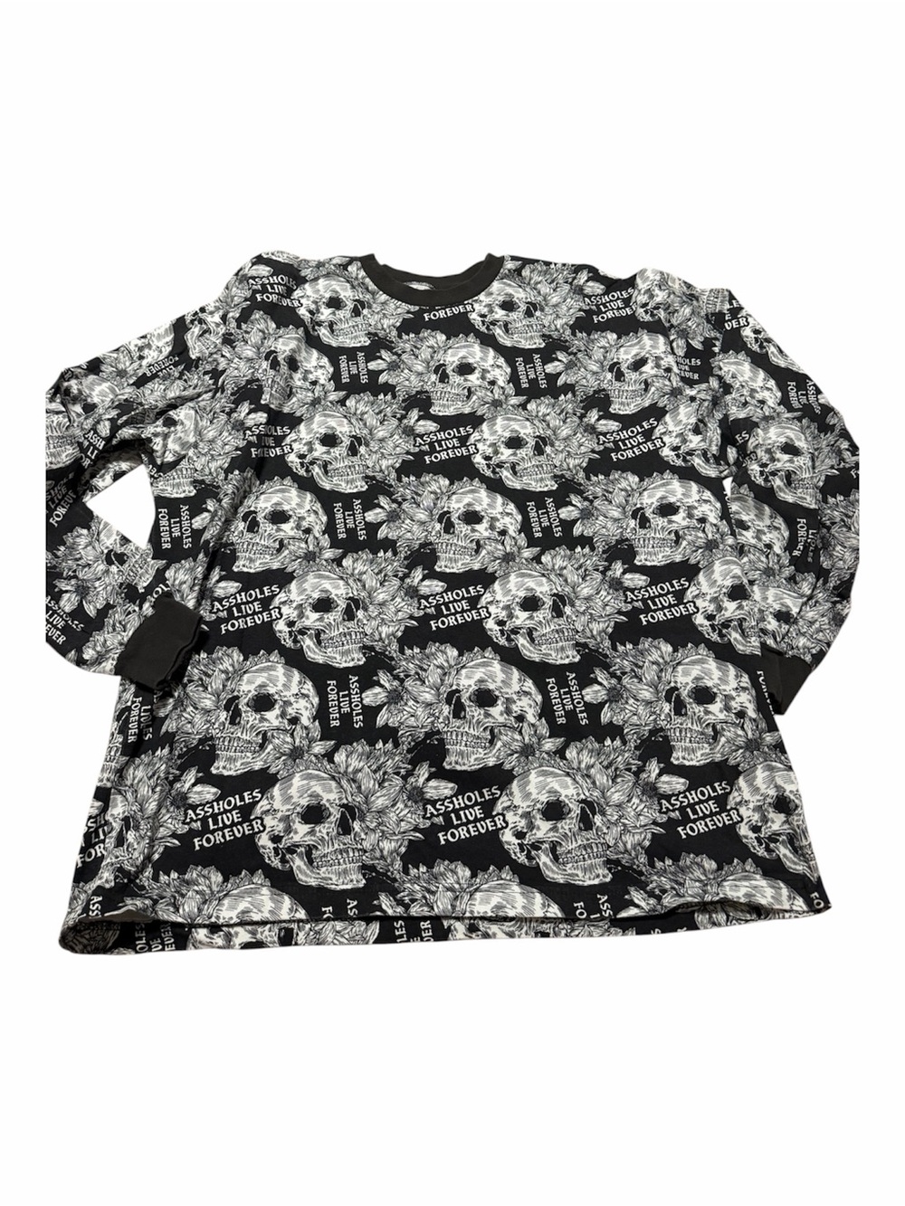 A**Holes Live Forever Black Skull-Print Long Sleeve Mens Tee Size XXL Grunge Y2K